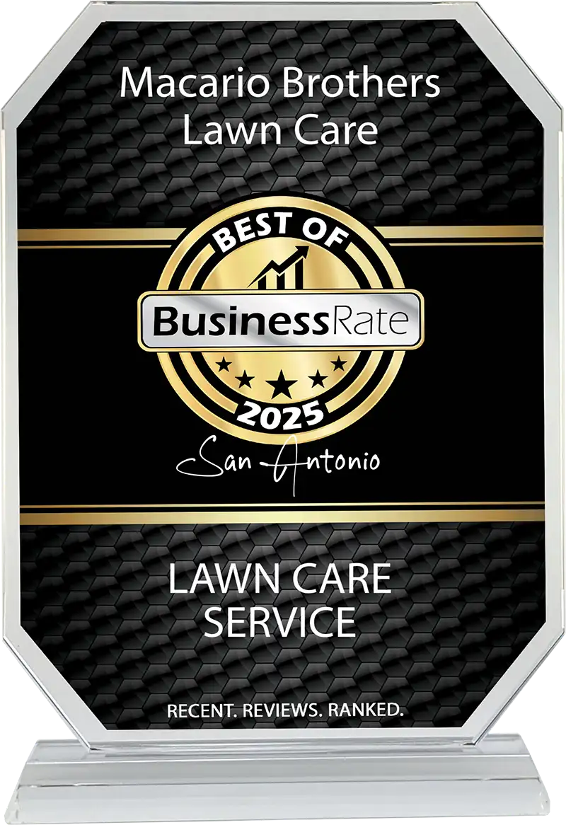 Best of BusinessRate 2025 San Antonio lawn care service award plaque for Macario Brothers