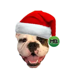 Smiling bulldog wearing a Santa hat, Macario Brothers holiday lighting mascot