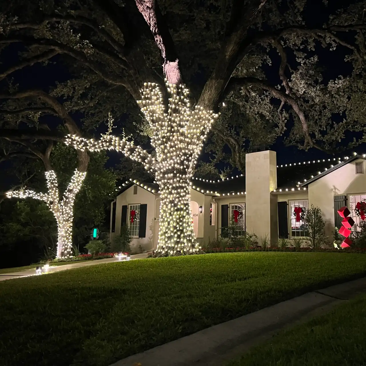 Oak trees wrapped in warm white lights beside stucco home with roofline C9 lights